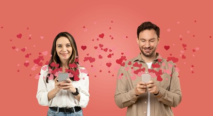 A couple stands together, engaged with their smartphones, celebrating St. Valentine's Day by sending affectionate messages. Heart icons float around them, enhancing the romantic atmosphere.