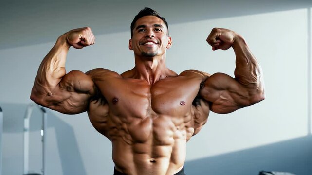 Smiling Male Bodybuilder Man Flexing Muscles in Gym. Concept of strength, fitness motivation, bodybuilding achievement, gym dedication.