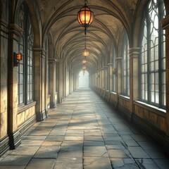 Fototapeta premium Serene stone hallway, arched ceilings, soft light