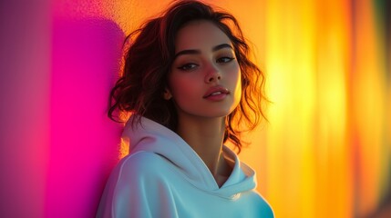 vibrant, stylish woman wearing white hoodie stands