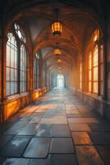 Obraz premium Illuminated stone corridor, gothic arches, warm light.