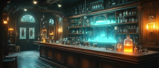 Fototapeta premium Mysterious antique bar glowing teal and amber