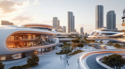 Futuristic city plaza, people walking, modern architecture, urban landscape
