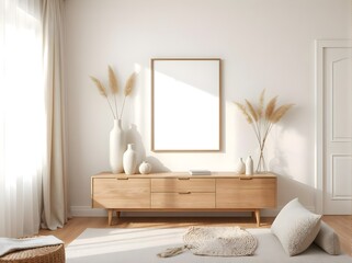 empty frame mockup in minimalist scandinavian living room with natural wood furniture, soft neutral tones, cozy textiles, and nordic decor