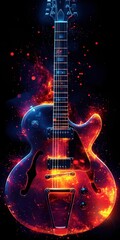 Fiery electric guitar ablaze with energy