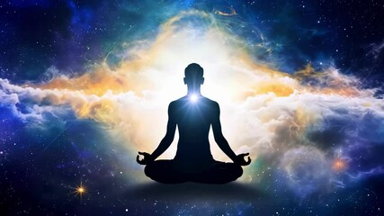 Meditative silhouette of male figure in cosmic space. concept of spirituality, cosmic awareness, mindfulness, inner peace