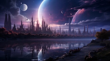 Futuristic alien cityscape reflecting on a lake of distant planet