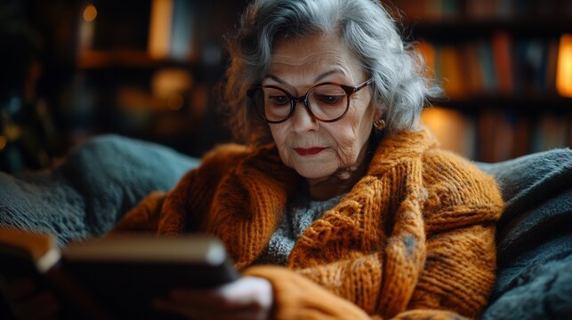 Elderly woman using a tablet for an online course, seated comfortably in a cozy