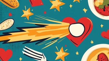 A vibrant illustration of a red heart with a comet-like streak, surrounded by stars, flowers, and a plate of food.