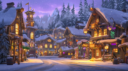 Snowy mountain village winter night scene, festive lights, holiday celebration, background mountains, ideal for greeting cards