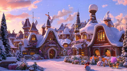 Obraz premium Snowy village winter sunrise, festive holiday scene, postcard illustration