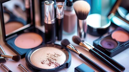 Professional makeup cosmetics collection: eyeshadow palette, brushes, and beauty products background