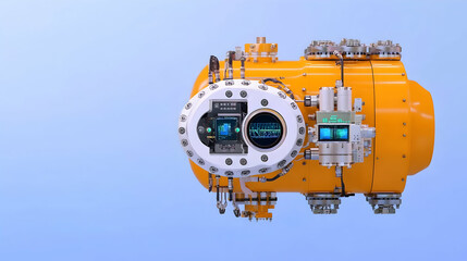 Yellow industrial cylindrical device with screens and valves, isolated on light blue background.