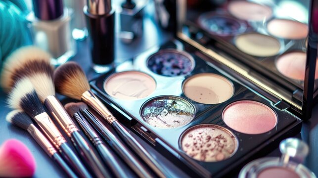 Professional makeup cosmetics collection: eyeshadow palette, brushes, and beauty products background