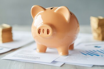 A piggy bank stands on financial documents, representing saving money and financial planning for a secure future.
