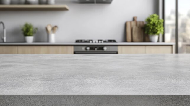 Modern kitchen countertop, blurred background, empty space