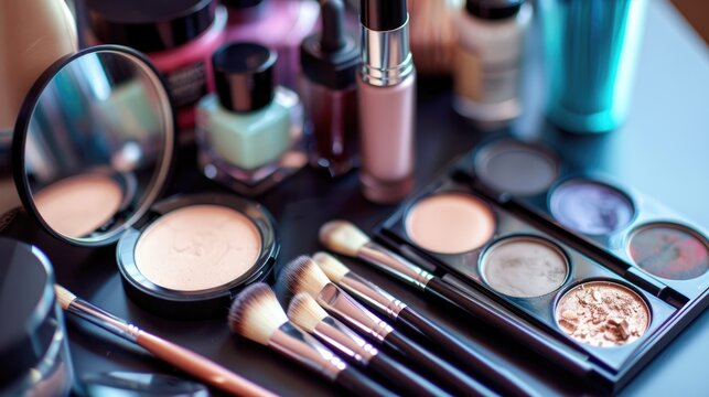 Professional makeup cosmetics collection: eyeshadow palette, brushes, and beauty products background