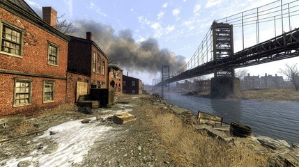 Post-Apocalyptic Cityscape: Desolate Riverfront and Crumbling Bridge