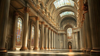 Fototapeta premium Grand hall, majestic columns, stained glass, sunlight streams.