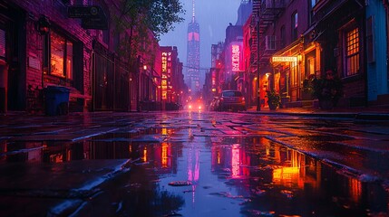 Obraz premium Rainy city street at night, skyscraper view, reflections, urban scene, website background