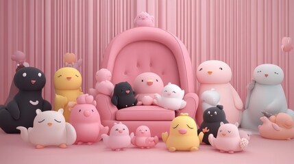 Obraz premium Cute animals on pink throne room