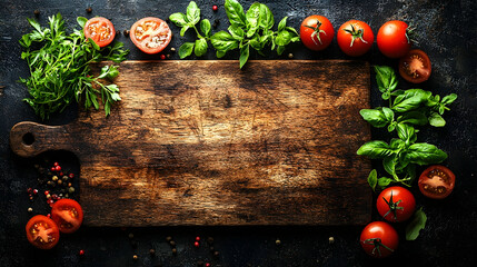 Rustic wooden cutting board surrounded by tomatoes, basil, and peppercorns on dark background, ideal for food blogs or recipes