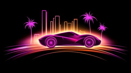 Obraz premium Neon Car Silhouette Cityscape