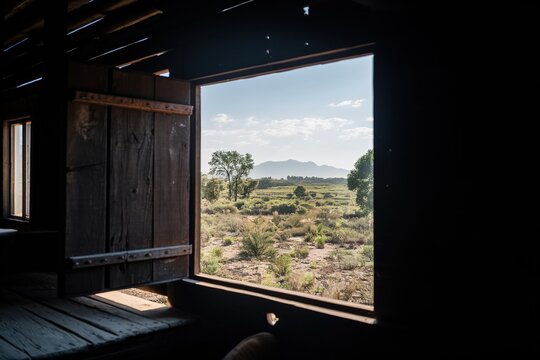 Scenic view of sunny desert landscape and mountains from the dark interior of an old wooden shack with open rustic shutters, capturing light and shadow contrast. - Powered by Adobe