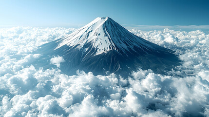 Aerial view of snow-capped mountain peak above clouds, serene landscape, travel poster background