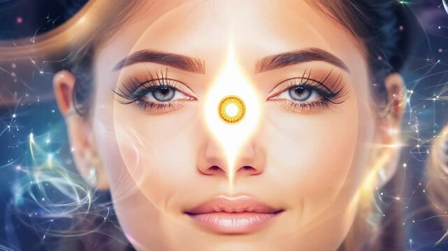 Mystical woman with glowing third eye and ethereal cosmic energy. Spiritual consciousness awakening. Concept of intuition, meditation, divine power, wisdom, metaphysical transformation, aura