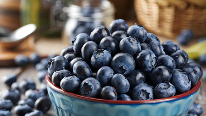 Fresh juicy blueberries in a blue ceramic bowl, surrounded by scattered berries, against the backdrop of a cozy rustic kitchen with soft natural light
