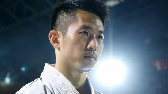 Focused asian man karateka in traditional white gi preparing for martial arts competition. concept of discipline, martial arts dedication, cultural heritage, mental strength, sportsman, sports