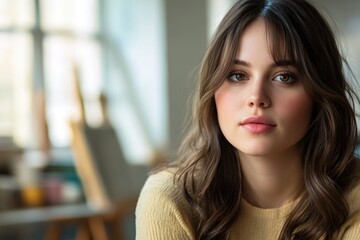 Young caucasian woman with long hair in art studio