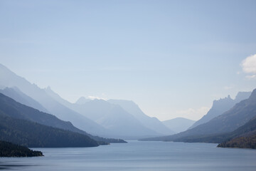 Foggy day over Waterton Lake in Alberta, Canada