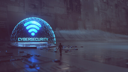 Cybersecurity and WiFi: 3D Holographic Icon Protected by a Translucent Shield in a Futuristic Digital Environment with a Miniature Human Figure