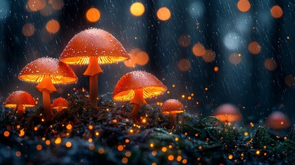 Glowing mushrooms, rain, forest, fantasy, nature wallpaper