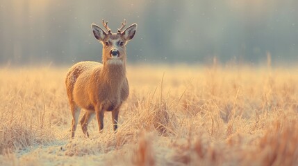Fototapeta premium Young deer in frosty field at dawn