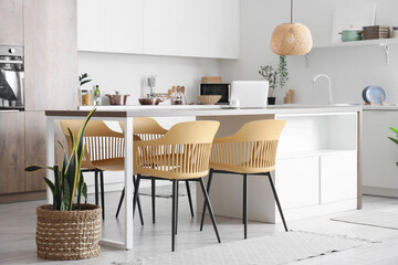 Interior of dining room with chairs, table and houseplants