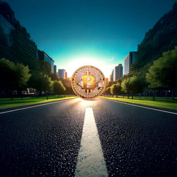 Bitcoin reluzente como ouro, cidade urbana ao fundo.
