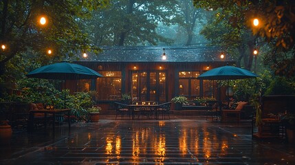 Obraz premium Rainy night, outdoor cafe, garden, lights, cozy atmosphere, romantic ambiance