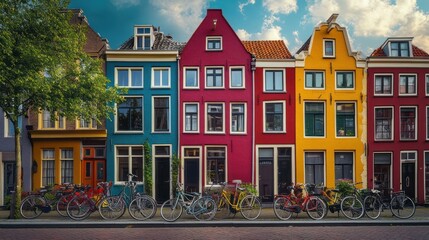 Vibrant facade of Amsterdam houses with bicycles reflecting traditional dutch culture