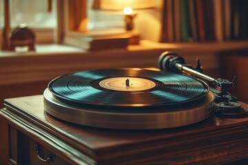 Vinyl record player spinning, cozy home library, evening light