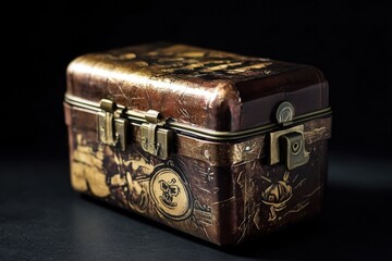 Decorative brown chest with golden embellishments sits in darkness