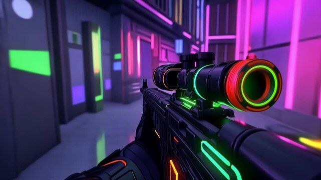 Neon Cyberpunk Rifle: First-Person Shooter Perspective