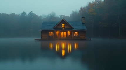 Fototapeta premium Misty lake cabin, autumn evening, tranquil scene, home design