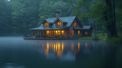 Fototapeta premium Lakeside log cabin at dusk, misty forest background; serene vacation rental