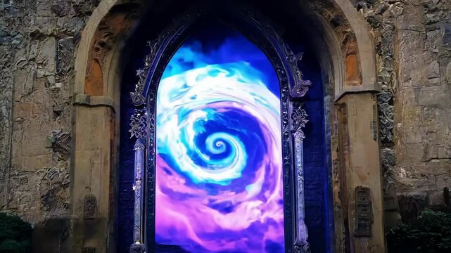 Mysterious glowing portal in ancient stone archway leading to magical swirling vortex. concept of fantasy adventure, mystical worlds, enchanted journeys, gateway to unknown