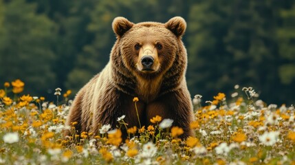 Fototapeta premium Grizzly bear in meadow; forest background