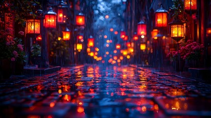 Fototapeta premium Rainy night, cobblestone street, lanterns, romantic atmosphere, travel