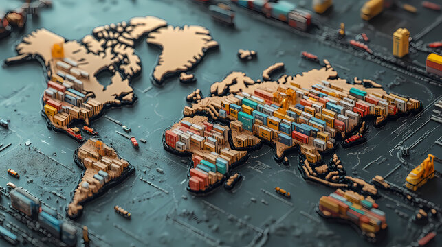 A detailed world map displayed against a backdrop of shipping containers and toy vehicles, symbolizing global trade and logistics. Interdimensional Marketplaces. Illustration